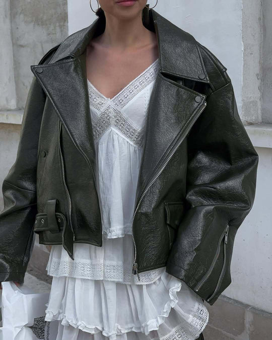 Damen Oversized Kunstlederjacke mit asymmetrischem Reißverschluss EB