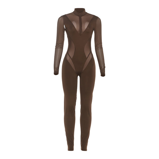 Damen Eleganter Catsuit mit transparenten Einsätzen und hohem Kragen EB