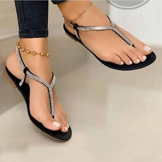 Damen Flache Zehentrenner‑Sandalen mit T‑Riemen und Strassbesatz EB