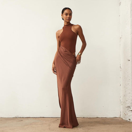 Damen Elegantes Cut-Out Maxikleid mit hohem Kragen und körpernaher Silhouette EB