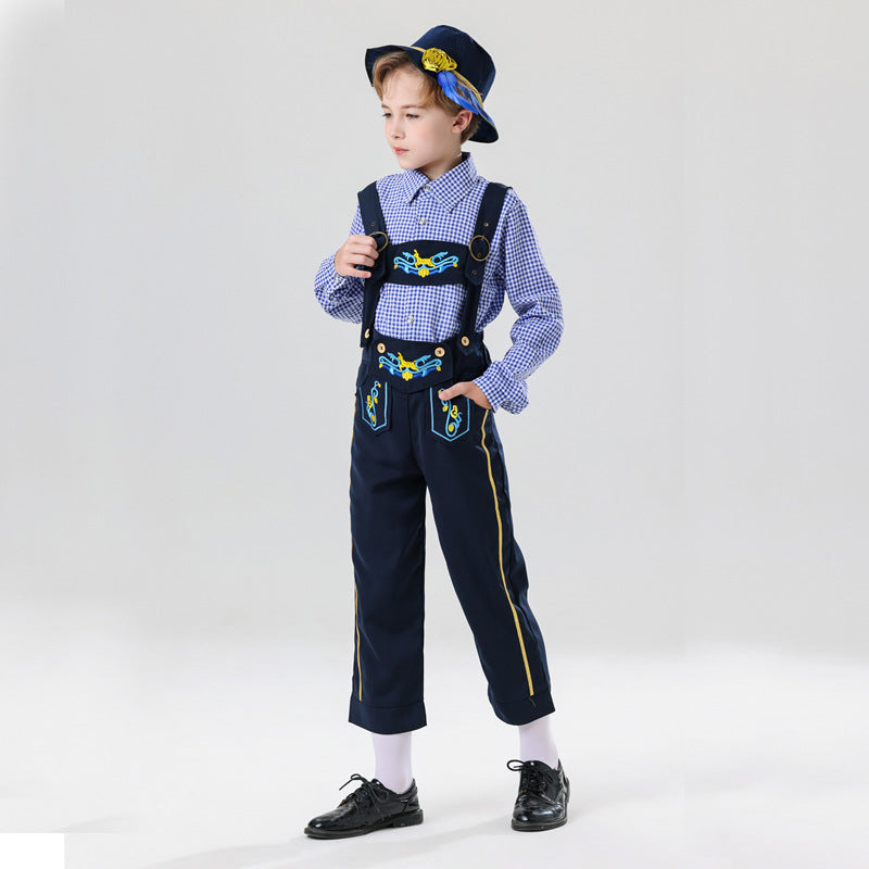 Herren nan bestickte Kindertracht Latzhose mit verstellbaren Hosenträgern und Kontrastnähten EB