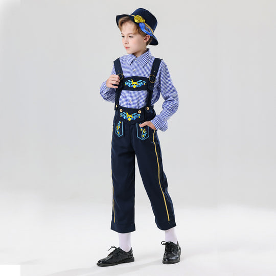 Herren nan bestickte Kindertracht Latzhose mit verstellbaren Hosenträgern und Kontrastnähten EB