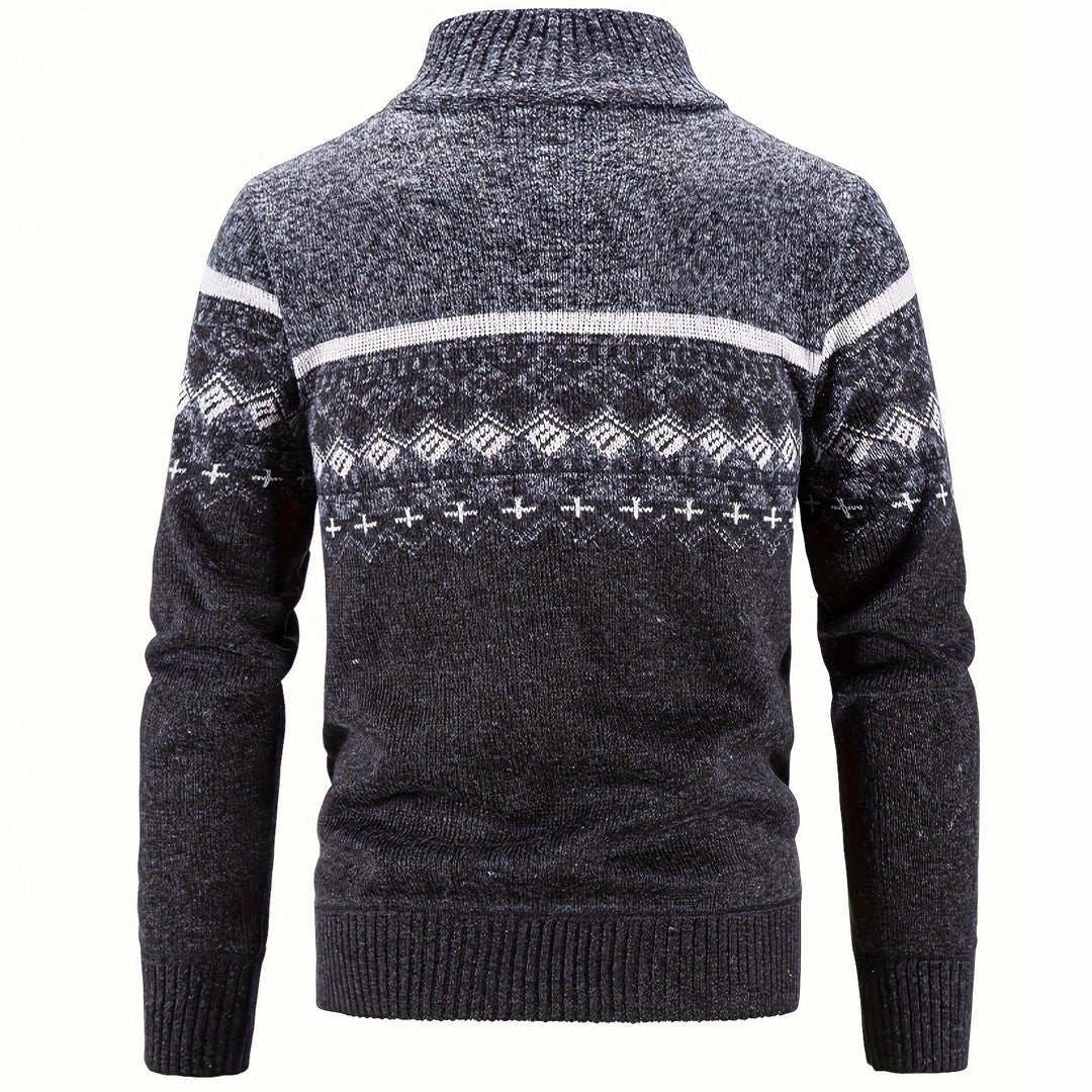 Herren Thermo-Strickjacke mit Stehkragen und Reißverschluss Norwegerstrick Fleece-gefüttert EB