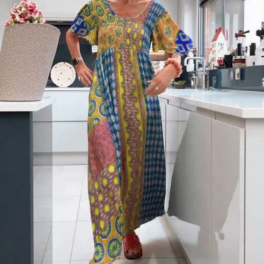 Damen nan Boho Maxikleid mit gesmoktem Oberteil und weitem Fließrock EB