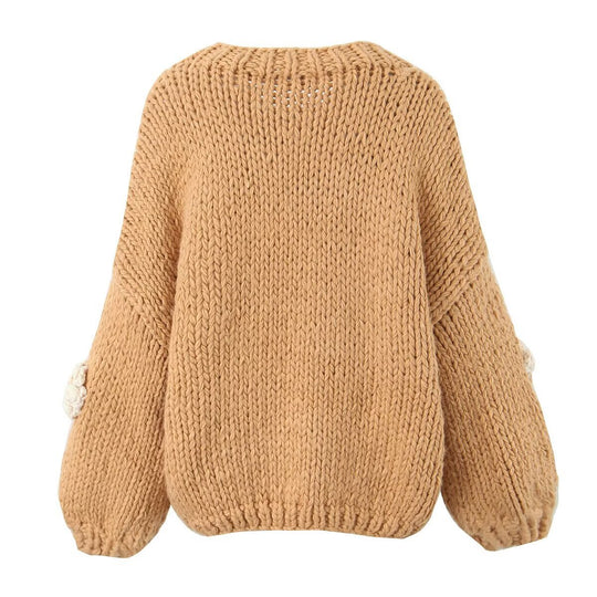 Damen gepunkteter Strickpullover mit voluminösen Ärmeln und floralem Design EB