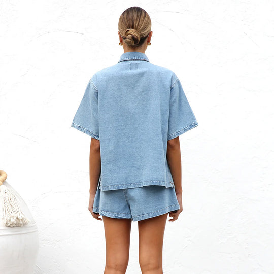 Damen lässige Kurzarm-Jeansbluse mit passender Shorts EB