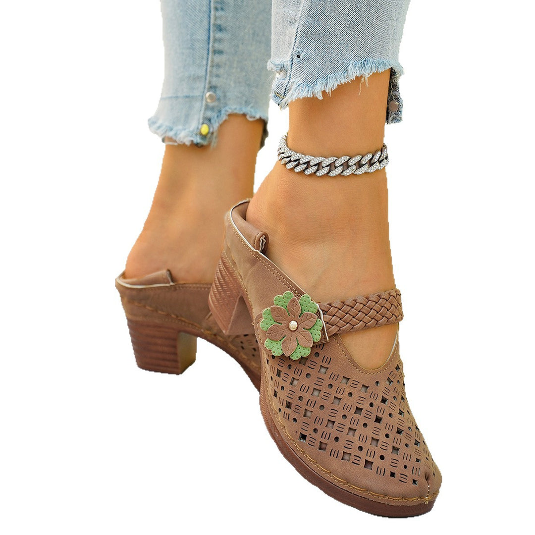 Damen elegante Pantoletten mit floralem Dekor und geflochtenem Riemen EB