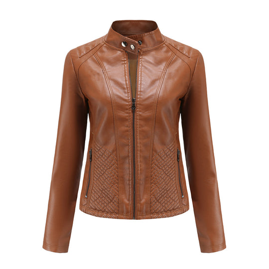 Damen nan taillierte Biker-Kunstlederjacke mit Stehkragen und gesteppter Seitenpartie EB
