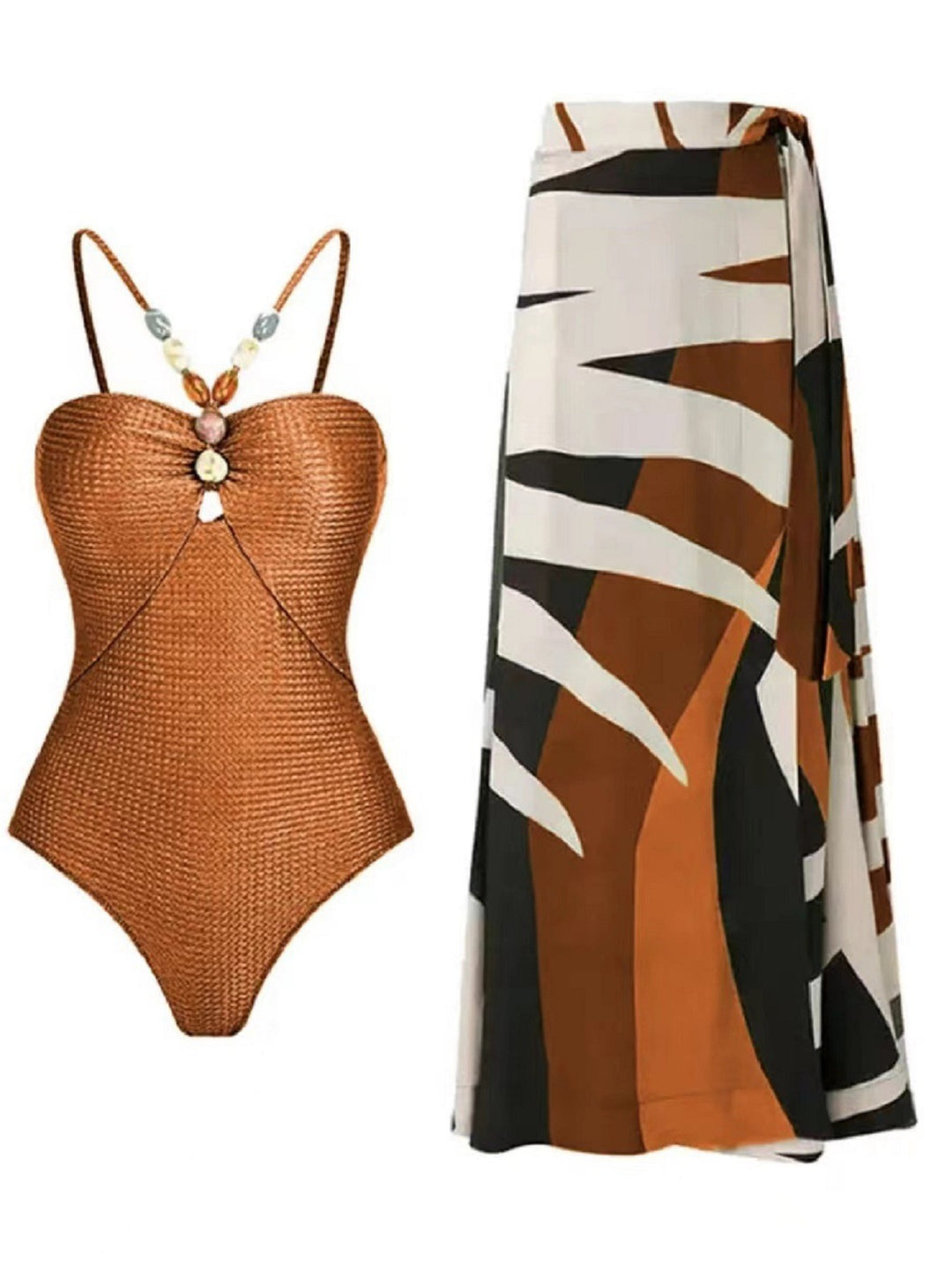 Damen Badeanzug mit elegantem Wickelrock und modischen Schmuckdetails EB