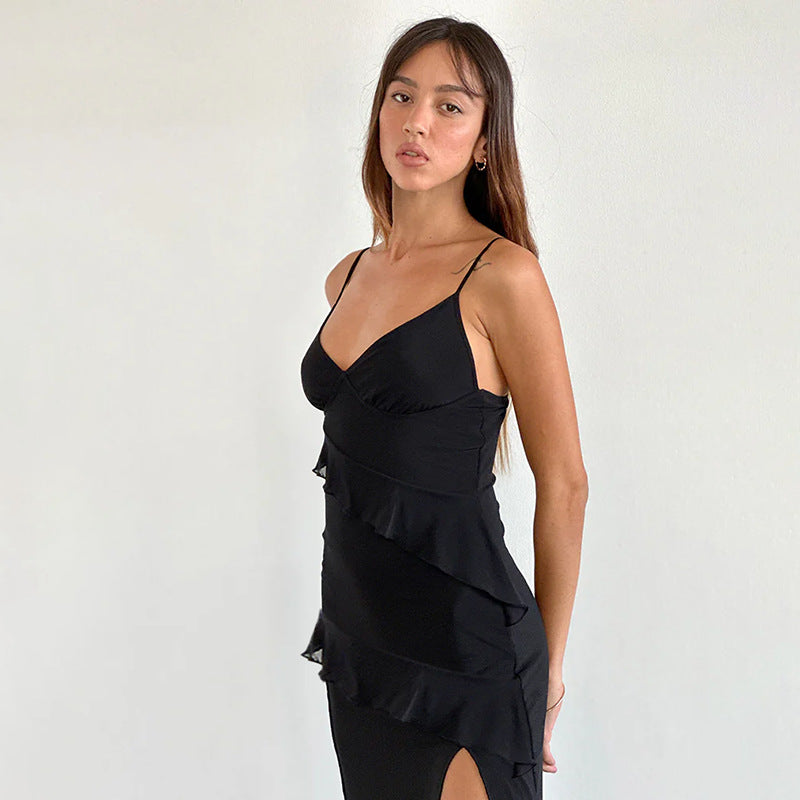 Damen elegantes Wickelkleid mit Rüschen und hohem Schlitz EB