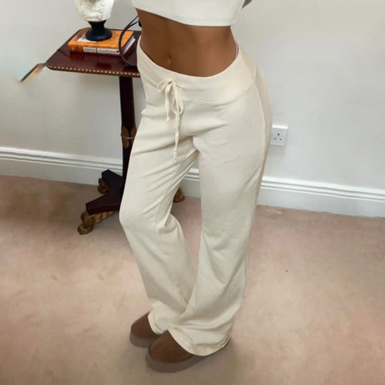 Damen nan weiche Highwaist-Loungehose aus Baumwollmix mit elastischem Komfortbund, Bindekordel und geradem Bein EB