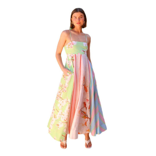 Damen Maxikleid mit mehrfarbigem floralen Design und schicker Streifenoptik EB