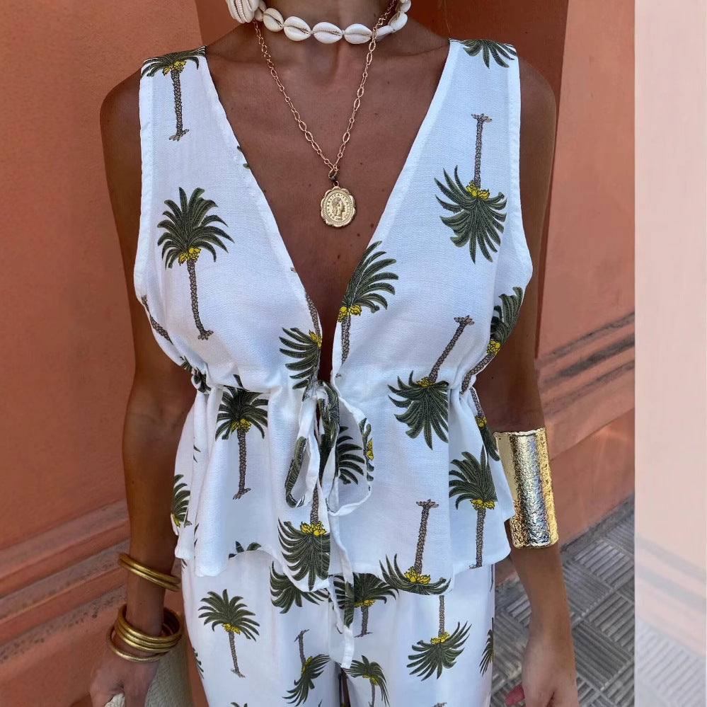 Damen Palazzo-Hose mit floralem Palmbaum-Print und seitlichen Schnürdetails EB