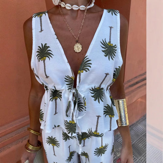 Damen Palazzo-Hose mit floralem Palmbaum-Print und seitlichen Schnürdetails EB