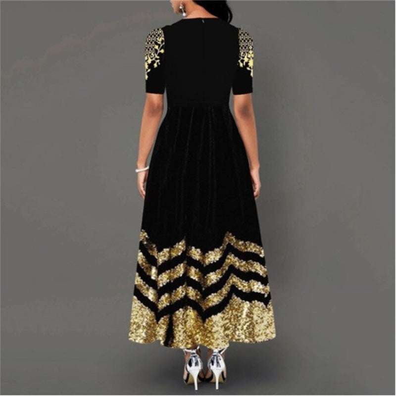 Damen Maxikleid mit kunstvollem Goldstickdesign und elegantem Zickzackmuster EB
