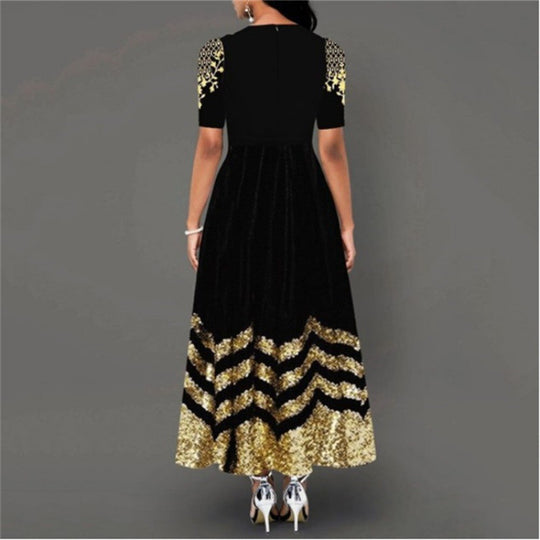 Damen Maxikleid mit kunstvollem Goldstickdesign und elegantem Zickzackmuster EB