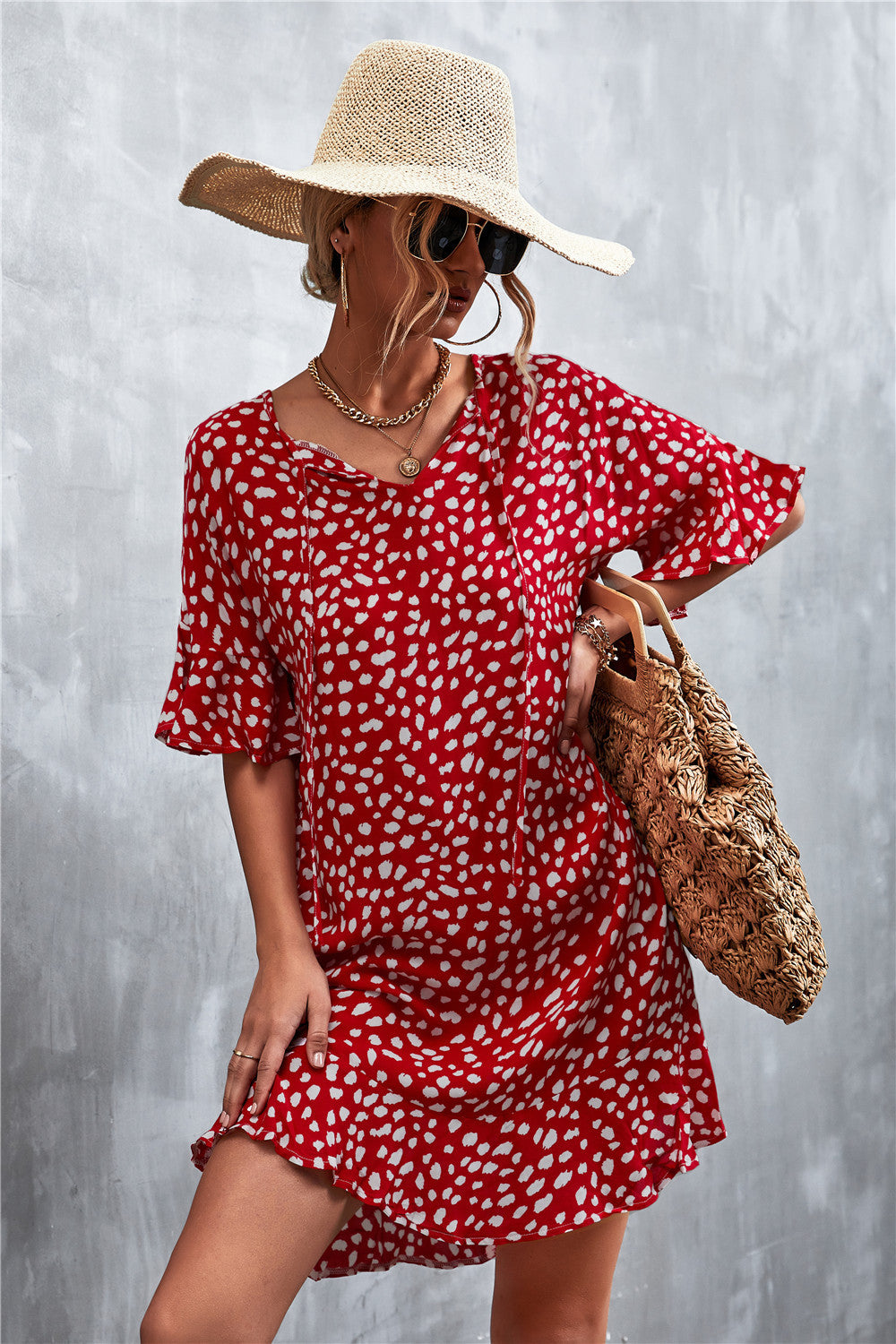 Damen lässiges V-Ausschnitt Sommerkleid mit voluminösen Ärmeln EB