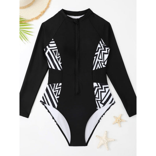 Damen Rashguard Badeanzug mit Reißverschluss und geometrischem Design EB