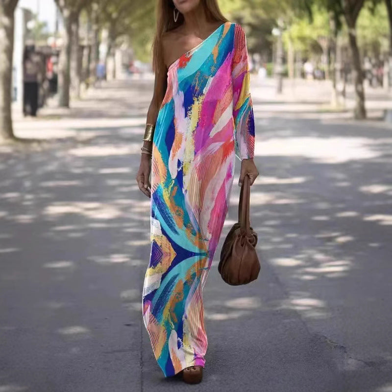 Damen Maxikleid mit asymmetrischem Schnitt und lebhaftem Farbdesign EB