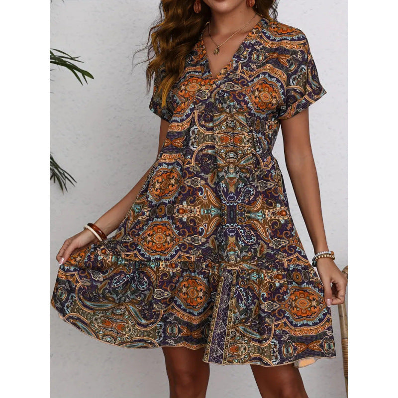 Damen Minikleid mit lässigem V-Ausschnitt und voluminösem Rock EB