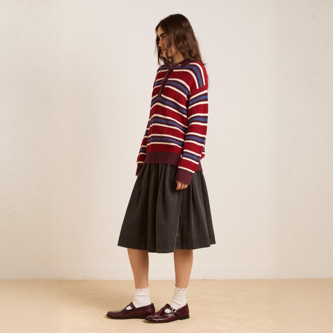 Damen Oversize Strickpullover mit Polokragen & mehrlagigem Streifenrelief EB