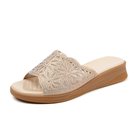 Damen Elegante Wedge-Sandaletten mit funkelndem Blütenmuster und komfortablem Fußbett EB