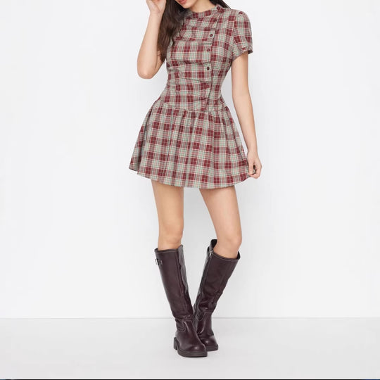 Damen Karo Kurzarmkleid EB