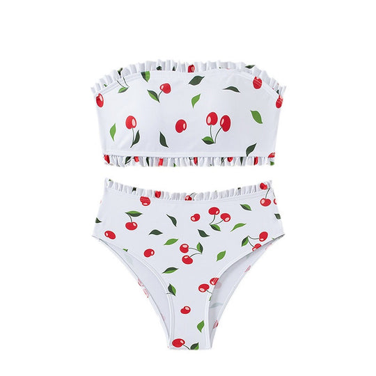 Damen Bandeau-Bikini mit fröhlichem Kirschmuster und eleganter Rüsche EB