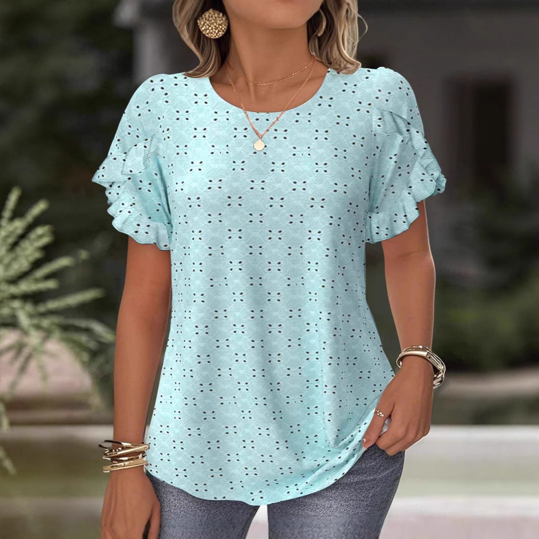 Damen Blusenshirt mit dekorativen Rüschendetails und feinem Lochmuster Heidi-Mode