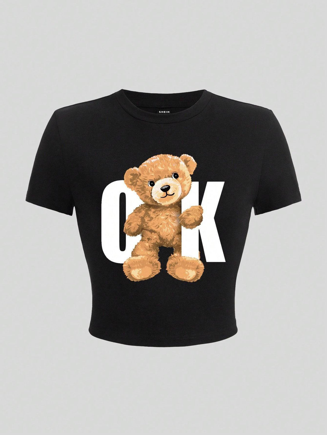 Damen Crop-T-Shirt mit verspieltem Bärenmotiv und modischem Schriftzug EB