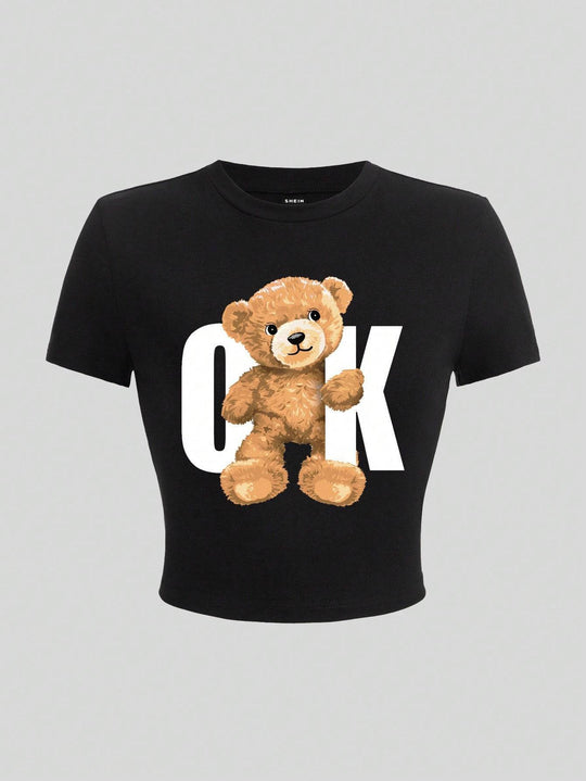 Damen Crop-T-Shirt mit verspieltem Bärenmotiv und modischem Schriftzug EB