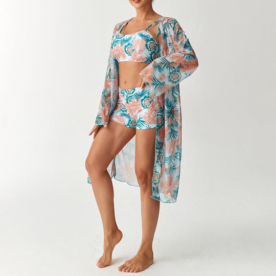 Damen Badeanzug Set mit floralem Oberteil und transparentem Strandüberwurf EB