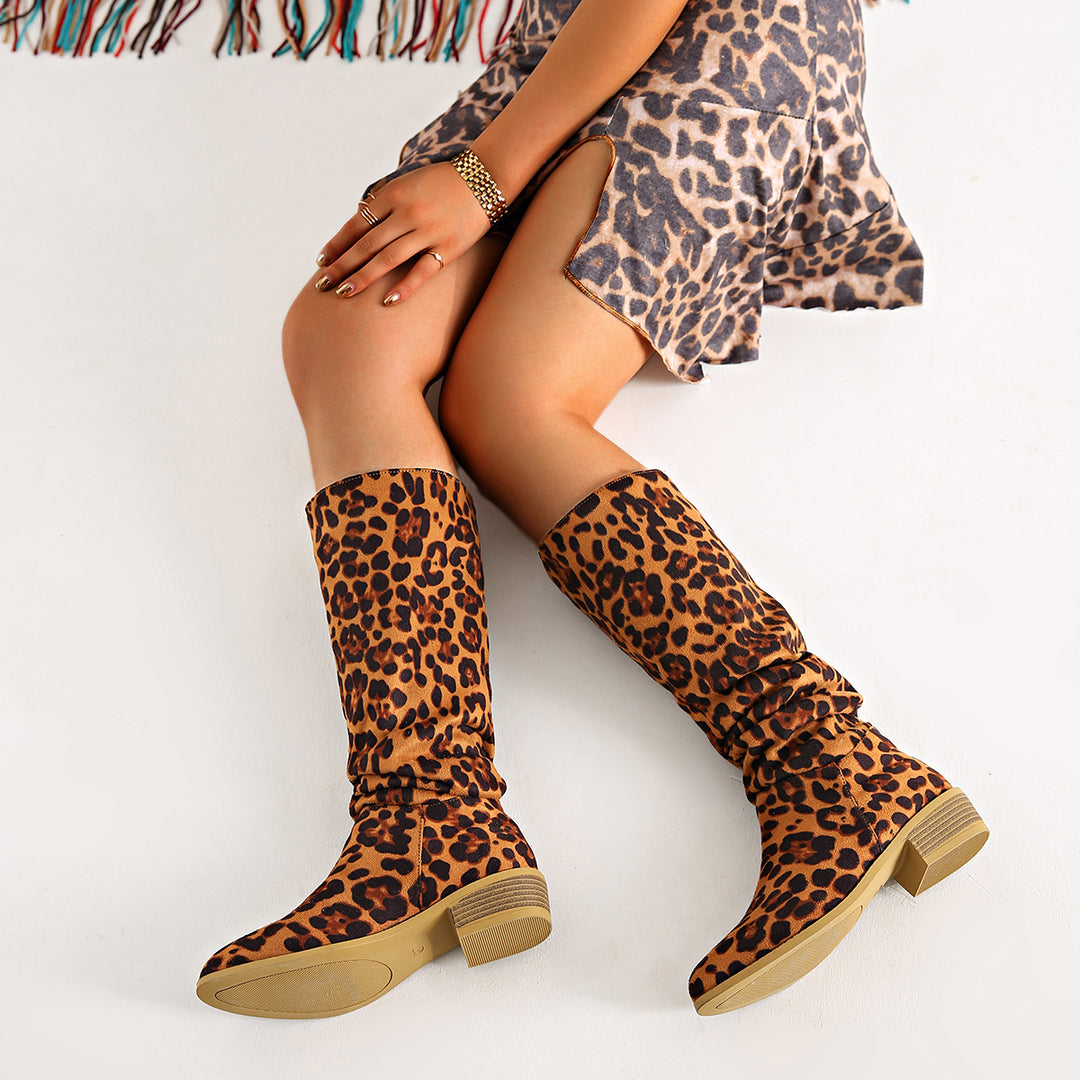 Damen Modische Stiefel im Leo-Design mit elastischem Schaft EB