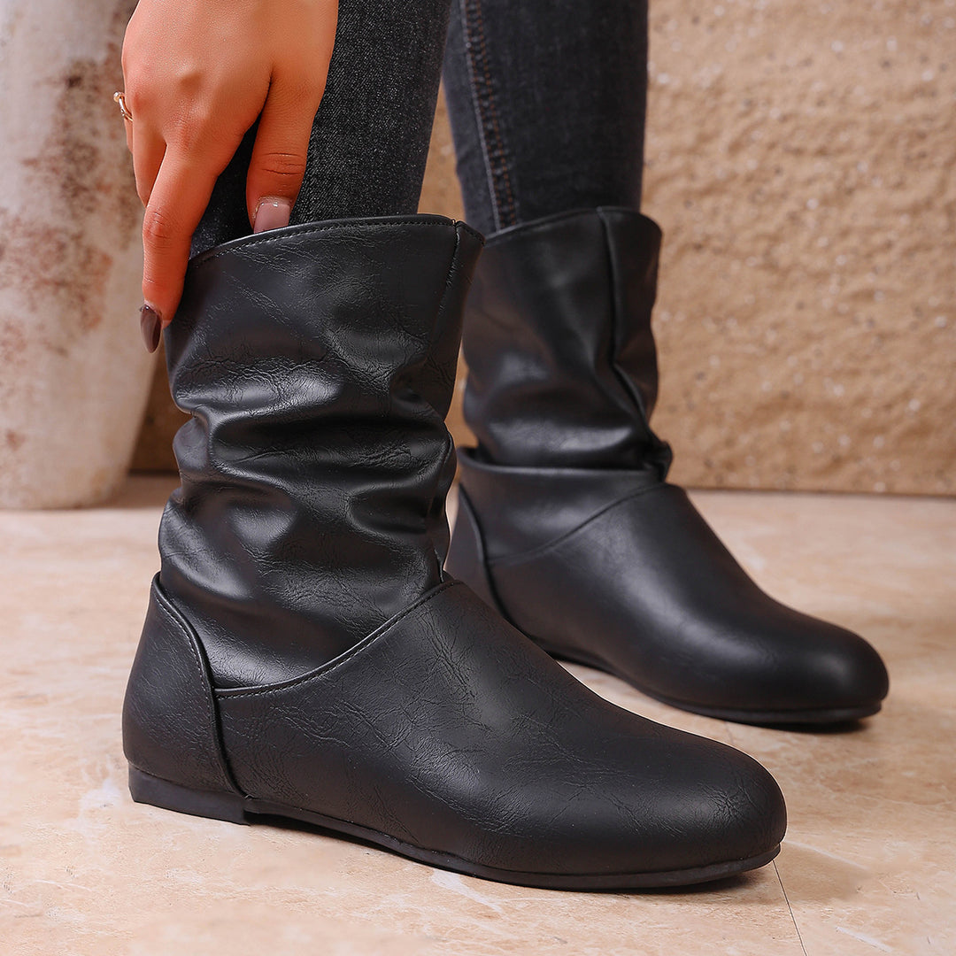 Damen  weiche Slouch-Stiefel mit flacher Laufsohle und gerafftem Schaft EB
