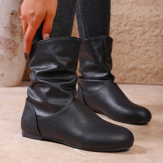 Damen  weiche Slouch-Stiefel mit flacher Laufsohle und gerafftem Schaft EB