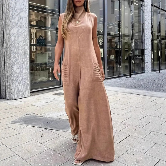 Damen luftiger Maxijumpsuit mit dekorativen Falten und seitlichen Taschen EB