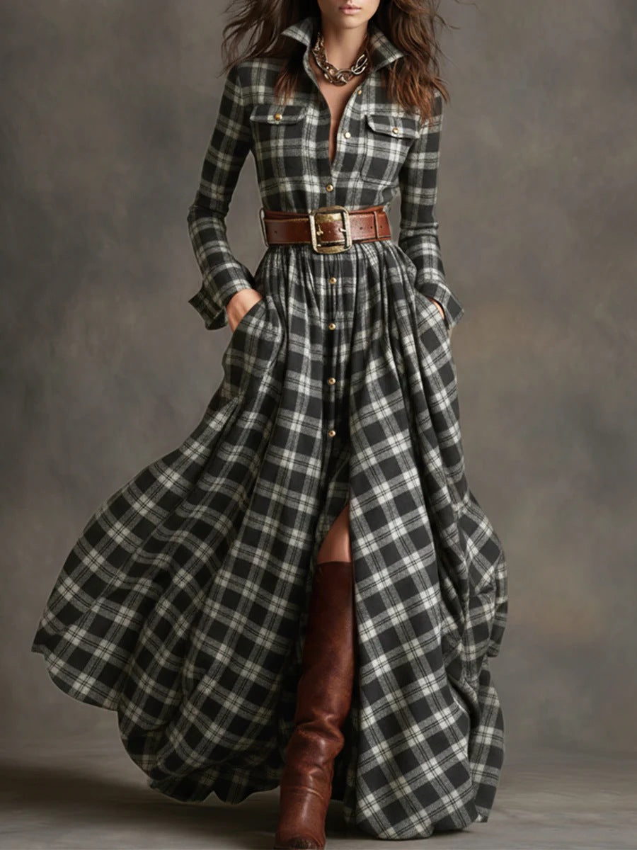 Damen nan karierte Maxikleid Hemdblusenkleid mit ausgestelltem Rock und breitem Taillengürtel EB