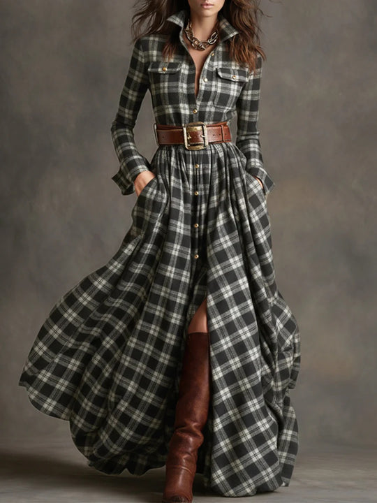 Damen nan karierte Maxikleid Hemdblusenkleid mit ausgestelltem Rock und breitem Taillengürtel EB