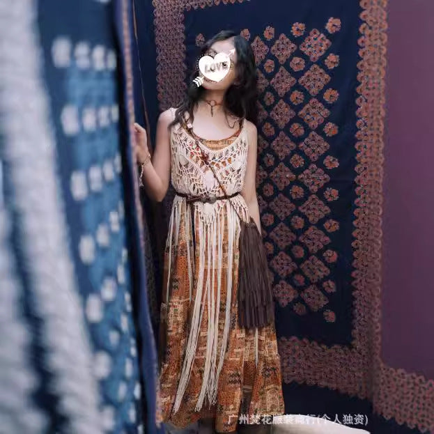 Damen Boho Chic Maxi-Kleid mit Fransen und gehäkeltem Oberteil EB