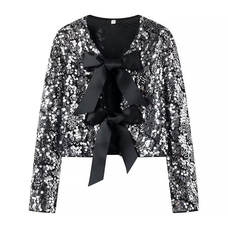 Damen elegante Lurex-Partyjacke mit Rüschen und schönen Schleifen EB