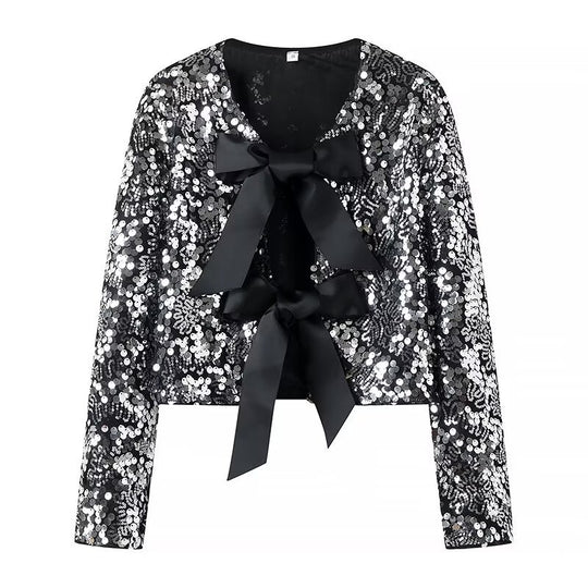 Damen elegante Lurex-Partyjacke mit Rüschen und schönen Schleifen EB