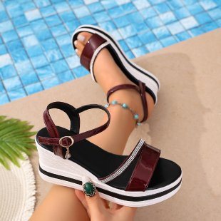 Damen modische Wedge-Sandalen mit Diamant-Akzenten und verstellbarem Riemen EB