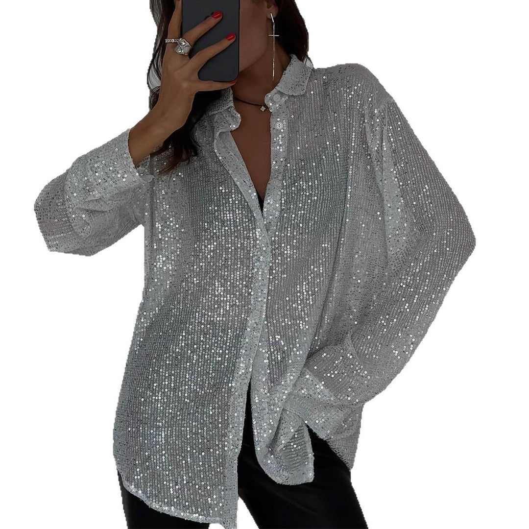 Damen Glamouröse Transparente Bluse mit Pailletten EB