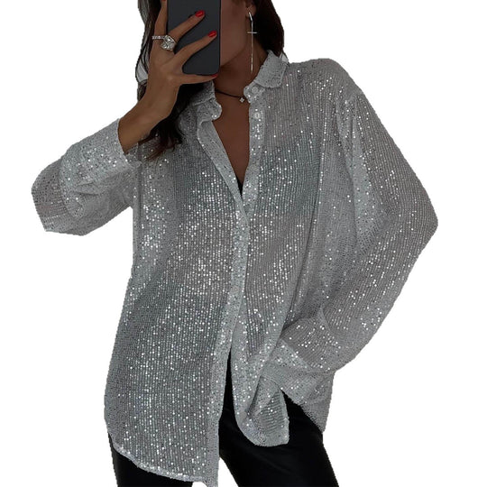 Damen Glamouröse Transparente Bluse mit Pailletten EB
