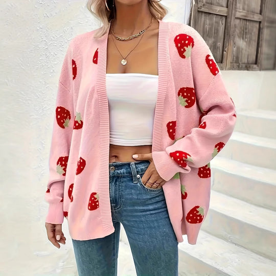 Damen Strickjacke mit fröhlichem Erdbeer-Muster und weichem Material EB