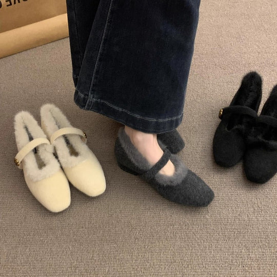Damen Flauschige Hausschuhe mit dekorativem Riemen und luxuriösem Innenfutter EB