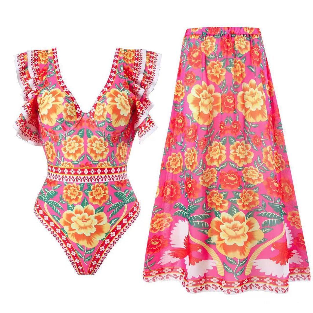 Damen Badeanzug-Set mit voluminösem Rüschendesign und floralem Wickelrock EB
