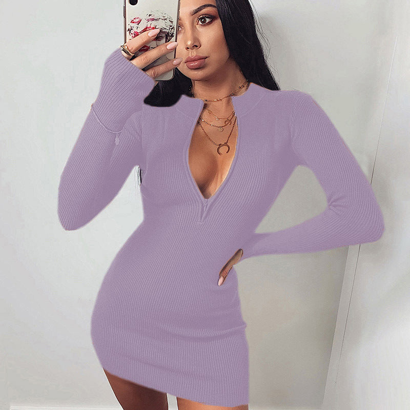 Damen Körperbetontes Strickkleid mit tiefem V-Ausschnitt und langen Ärmeln EB