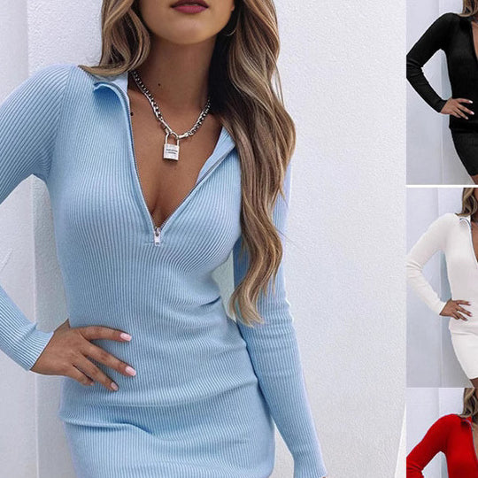 Damen Strickkleid mit kurzem Reißverschluss und langen Ärmeln EB