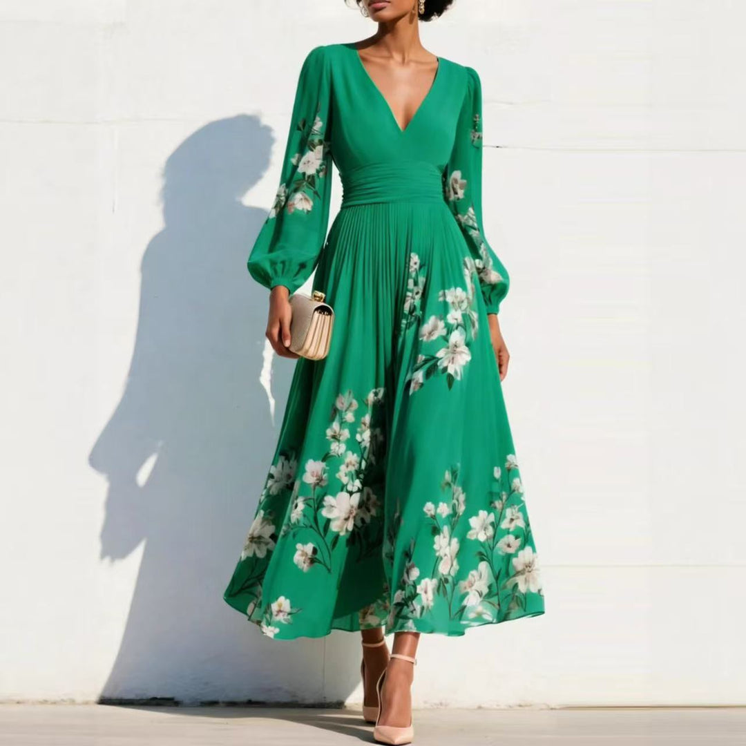 Damen Chiffon-Midikleid mit V‑Ausschnitt, geraffter Taille und floralem Plissee-Rock EB
